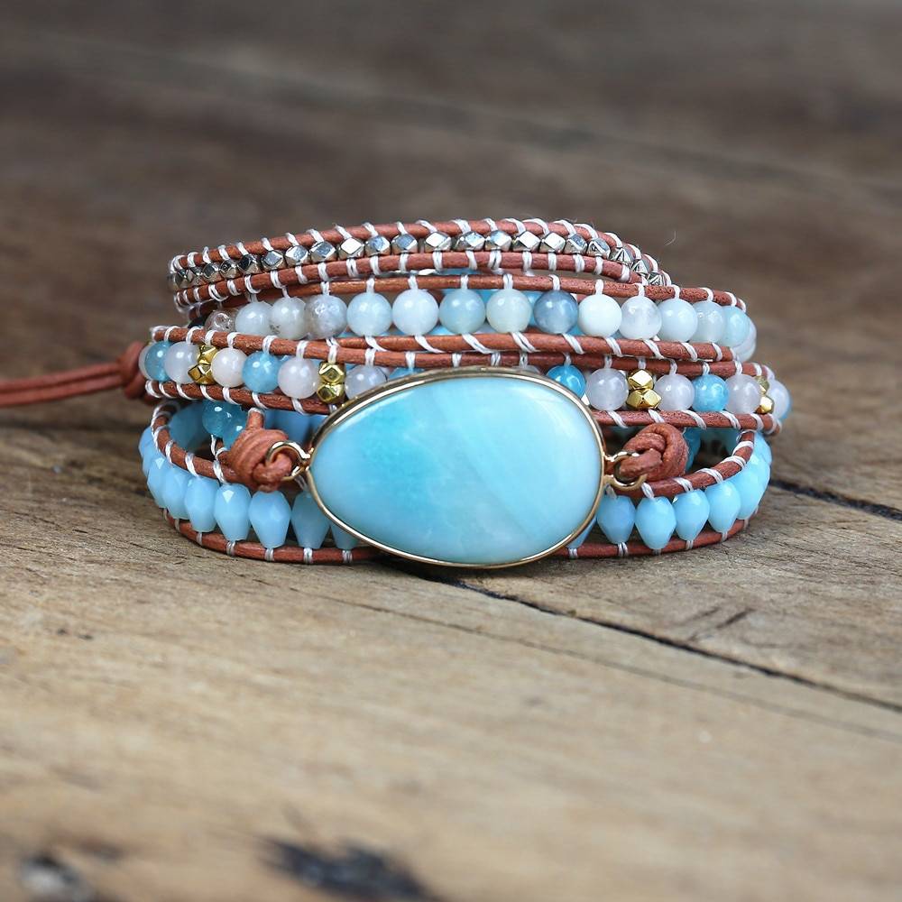 Amazonite Stone 5 Strand Leather Wrap Bracelet
