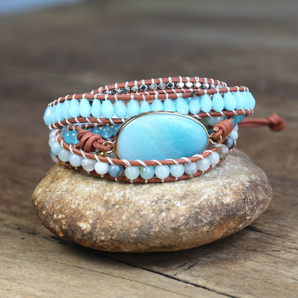 Amazonite Stone 5 Strand Leather Wrap Bracelet