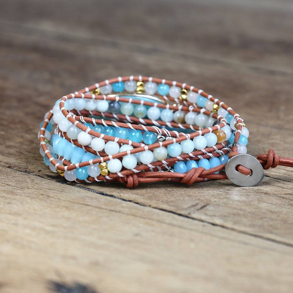 Amazonite Stone 5 Strand Leather Wrap Bracelet