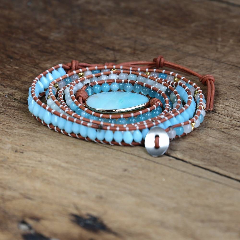 Amazonite Stone 5 Strand Leather Wrap Bracelet