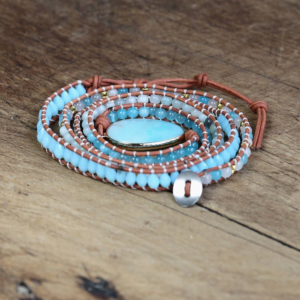 Amazonite Stone 5 Strand Leather Wrap Bracelet