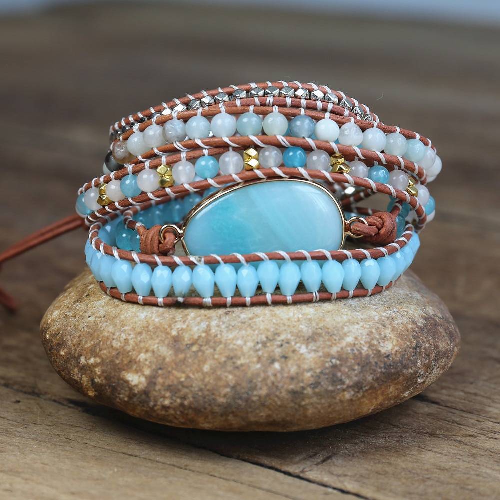 Amazonite Stone 5 Strand Leather Wrap Bracelet