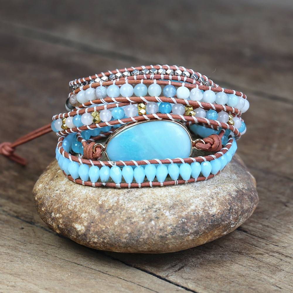 Amazonite Stone 5 Strand Leather Wrap Bracelet