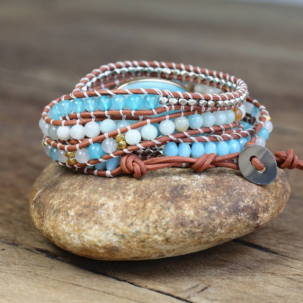 Amazonite Stone 5 Strand Leather Wrap Bracelet