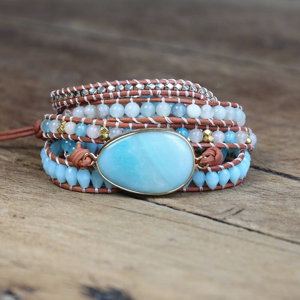 Amazonite Stone 5 Strand Leather Wrap Bracelet