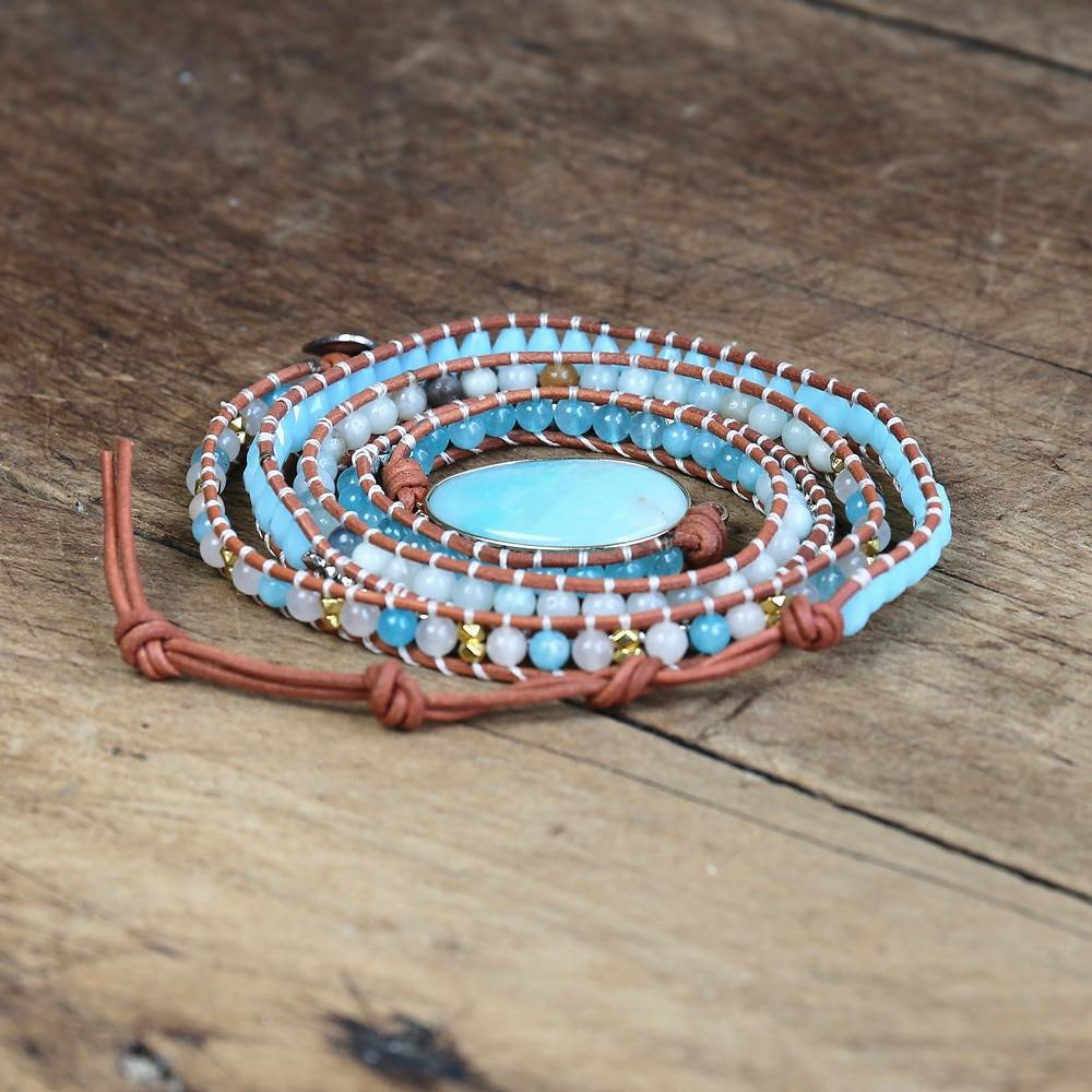 Amazonite Stone 5 Strand Leather Wrap Bracelet