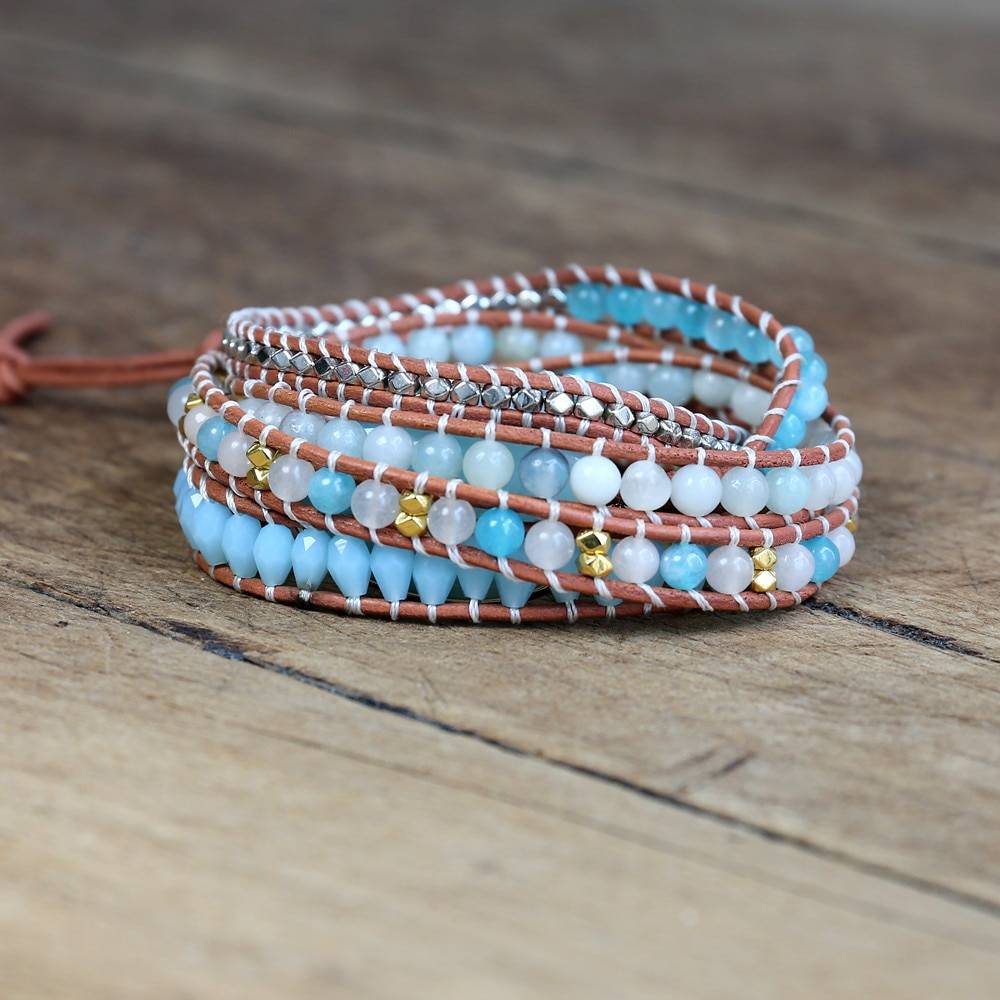 Amazonite Stone 5 Strand Leather Wrap Bracelet
