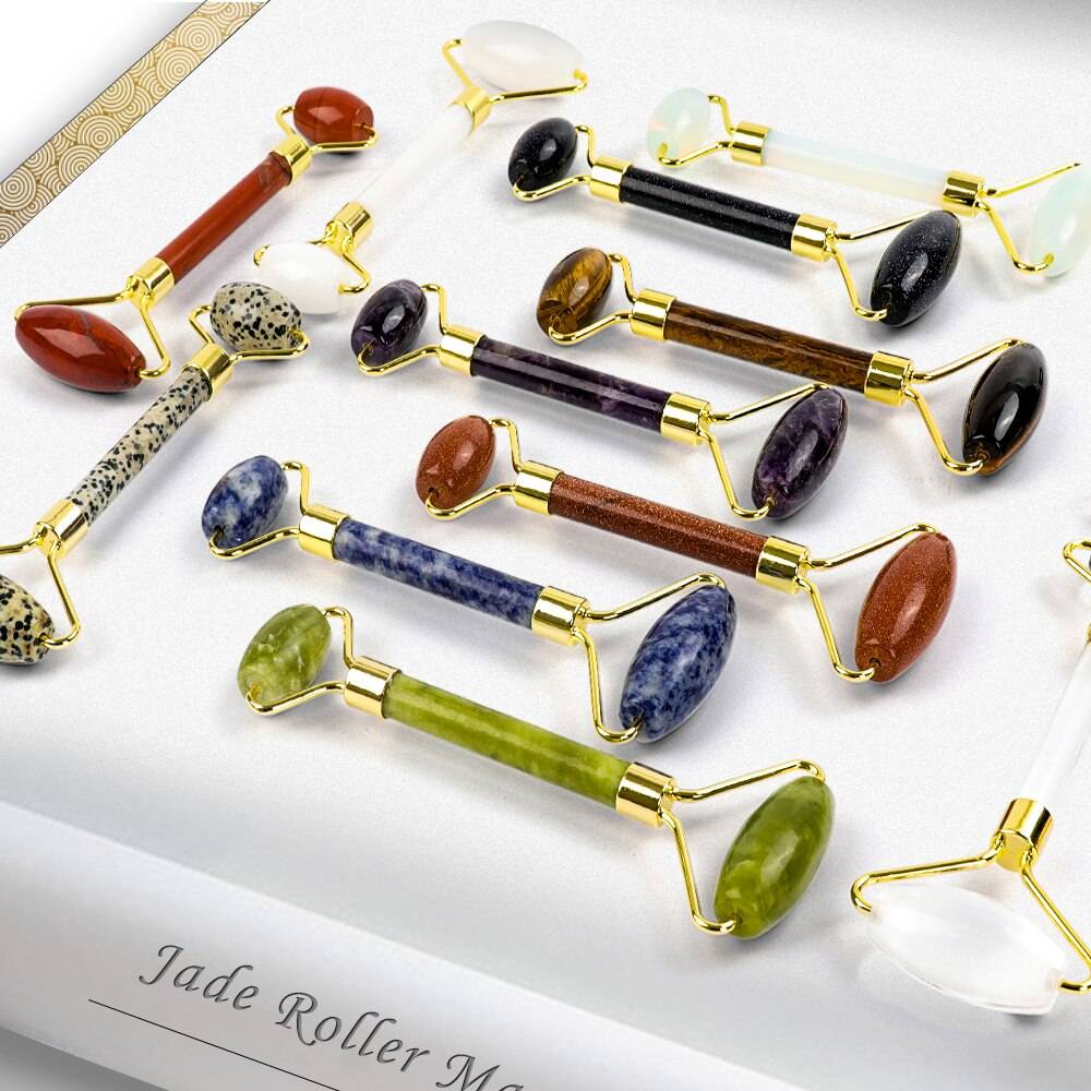 Colorful Massage Stone Roller with Gold Colored Handle